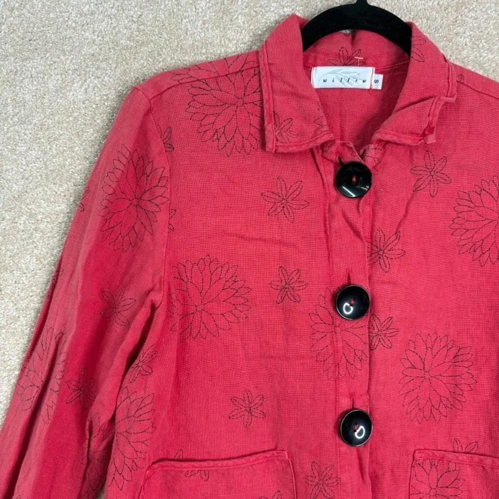 WILLOW 100% Linen‎ Floral Jacket Women's Small Red Button Front Lagenlook Boho